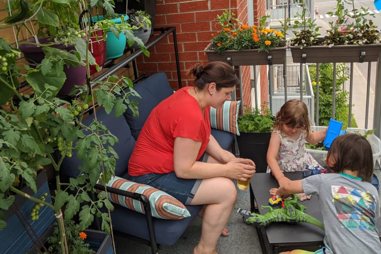 outdoor sofa with DIY urban farming component