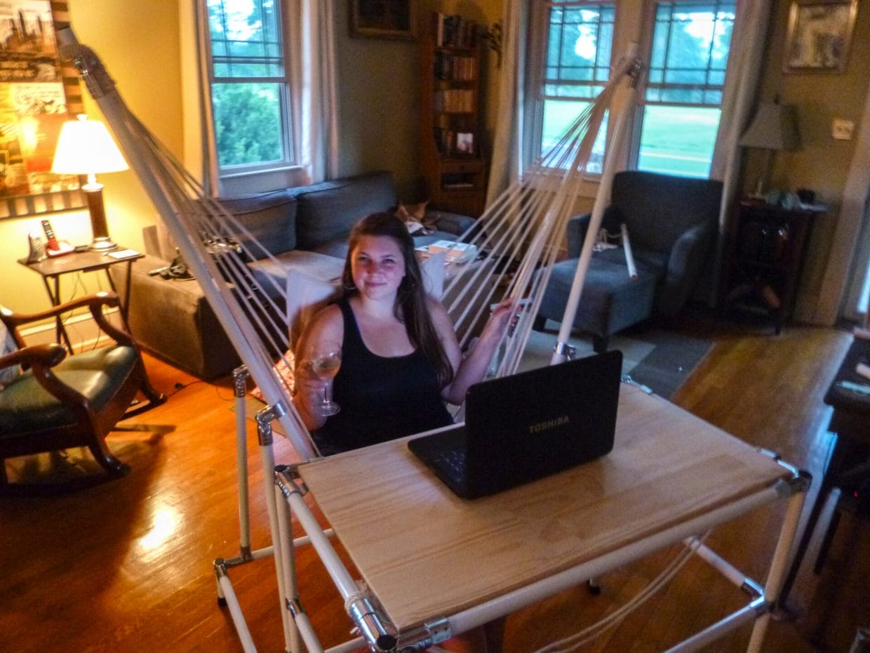 DIY pipes and fittings desk with a built-in hammock chair- DIY gaming desk idea